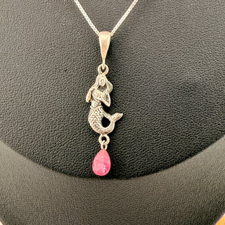 Sterling Silver Mermaid Pendant Necklace with Natural Ruby Drop 18 Inch Chain