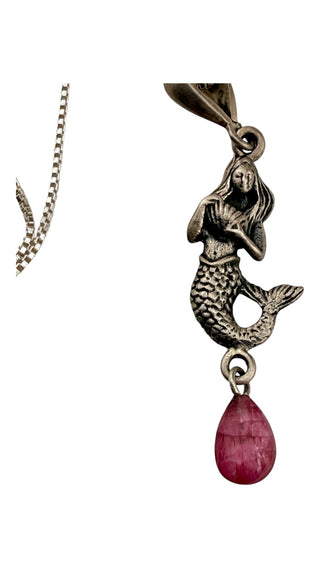 Sterling Silver Mermaid Pendant Necklace with Natural Ruby Drop 18 Inch Chain