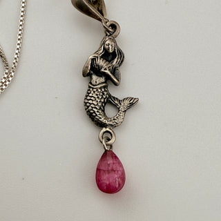 Sterling Silver Mermaid Pendant Necklace with Natural Ruby Drop 18 Inch Chain