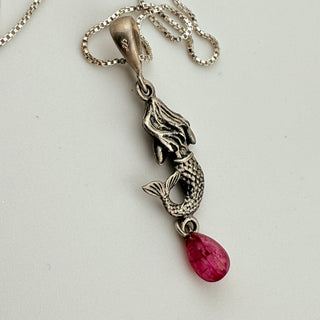 Sterling Silver Mermaid Pendant Necklace with Natural Ruby Drop 18 Inch Chain