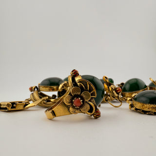 Unsigned Selro Style Parure Faux Jade and Coral Glass with Sculpted Floral Brass