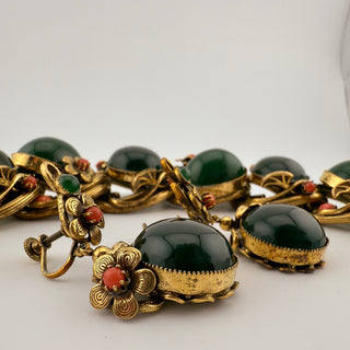 Unsigned Selro Style Parure Faux Jade and Coral Glass with Sculpted Floral Brass