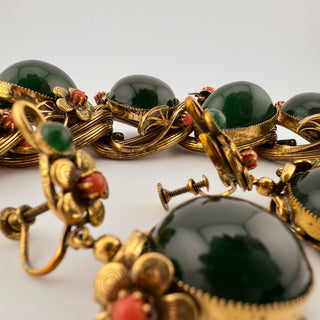 Unsigned Selro Style Parure Faux Jade and Coral Glass with Sculpted Floral Brass