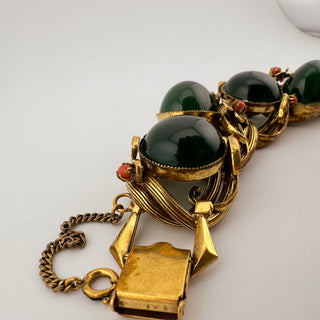 Unsigned Selro Style Parure Faux Jade and Coral Glass with Sculpted Floral Brass