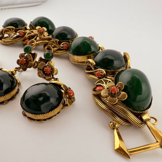 Unsigned Selro Style Parure Faux Jade and Coral Glass with Sculpted Floral Brass