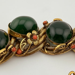 Unsigned Selro Style Parure Faux Jade and Coral Glass with Sculpted Floral Brass