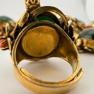 Unsigned Selro Style Parure Faux Jade and Coral Glass with Sculpted Floral Brass
