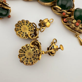 Unsigned Selro Style Parure Faux Jade and Coral Glass with Sculpted Floral Brass