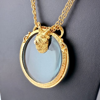 Vintage Florenza Ram Magnifying Pendant Necklace with Goldtone Frame
