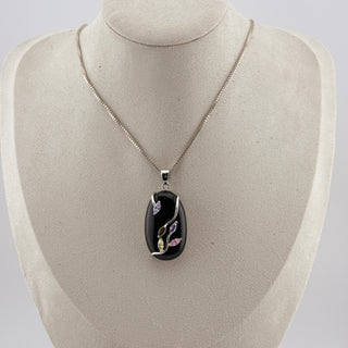 Sterling Silver Botanical Pendant Necklace with Black Synthetic Stone and Colorful Accents