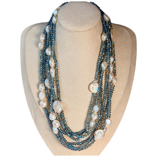 Vintage Crystal and Pearl Triple Strand Statement Necklace, Faceted Blue Crystals and Coin Pearls - 40"