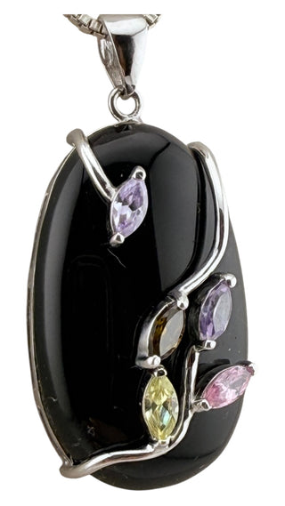 Sterling Silver Botanical Pendant Necklace with Black Synthetic Stone and Colorful Accents