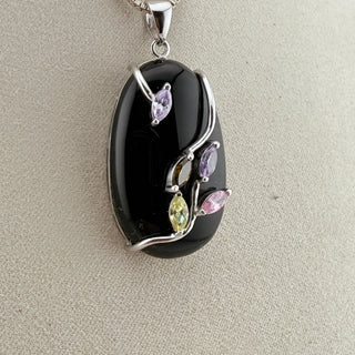 Sterling Silver Botanical Pendant Necklace with Black Synthetic Stone and Colorful Accents