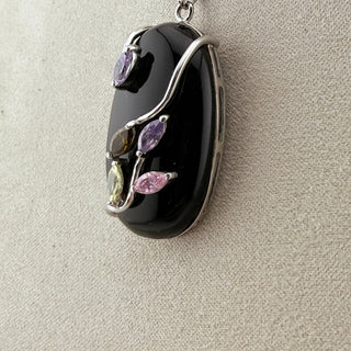 Sterling Silver Botanical Pendant Necklace with Black Synthetic Stone and Colorful Accents