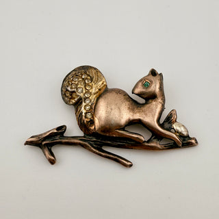 Vintage Sterling Silver Squirrel Brooch with Rhinestone Tail and Acorn Detail