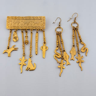 1988 JJ Goldtone Dangle Brooch and Earring Set with Figural Charms