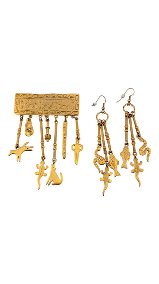 1988 JJ Goldtone Dangle Brooch and Earring Set with Figural Charms