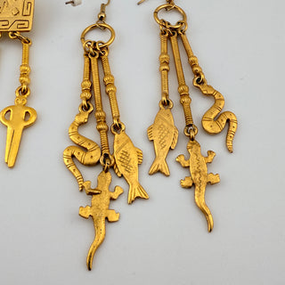 1988 JJ Goldtone Dangle Brooch and Earring Set with Figural Charms