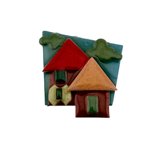 Vintage Artisan Painted Cottage Brooch in Dimensional Resin