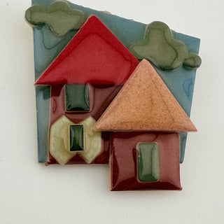 Vintage Artisan Painted Cottage Brooch in Dimensional Resin