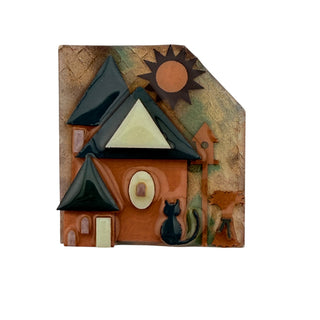 House Pins by Lucinda Black Cat and Birdhouse Brooch with Sun and Trees