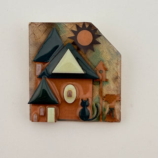 House Pins by Lucinda Black Cat and Birdhouse Brooch with Sun and Trees