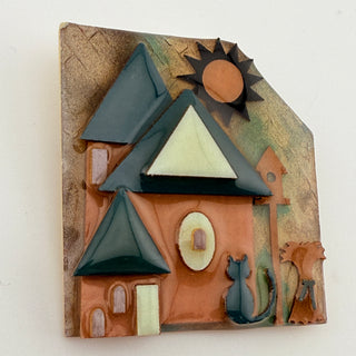 House Pins by Lucinda Black Cat and Birdhouse Brooch with Sun and Trees