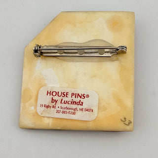 House Pins by Lucinda Black Cat and Birdhouse Brooch with Sun and Trees