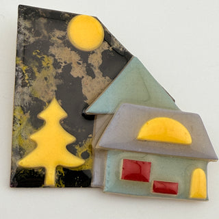 Vintage Lucinda House Pin with Full Moon, Pine Tree, and Slate Roof Cottage