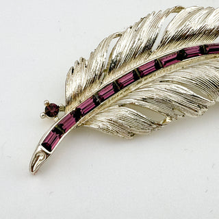 Vintage Lisner Feather Brooch with Amethyst Baguette Rhinestones