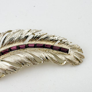 Vintage Lisner Feather Brooch with Amethyst Baguette Rhinestones