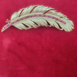 Vintage Lisner Feather Brooch with Amethyst Baguette Rhinestones