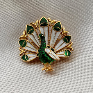 Vintage Crown Trifari Enamel Peacock Brooch — Green & White Trifanium, Rare Colorway, c. 1955–1969