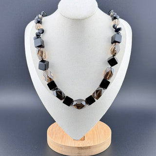 Vintage Sterling Silver Chunky Onyx And Faceted Smoky Quartz Beaded Necklace Art Deco Inspired 20 Inch Length