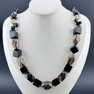 Vintage Sterling Silver Chunky Onyx And Faceted Smoky Quartz Beaded Necklace Art Deco Inspired 20 Inch Length