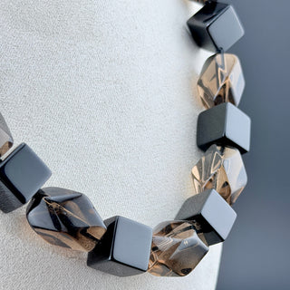 Vintage Sterling Silver Chunky Onyx And Faceted Smoky Quartz Beaded Necklace Art Deco Inspired 20 Inch Length