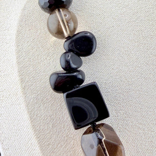 Vintage Sterling Silver Chunky Onyx And Faceted Smoky Quartz Beaded Necklace Art Deco Inspired 20 Inch Length