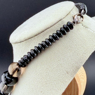 Vintage Sterling Silver Chunky Onyx And Faceted Smoky Quartz Beaded Necklace Art Deco Inspired 20 Inch Length