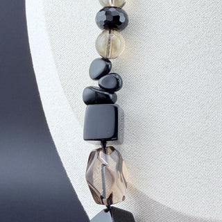Vintage Sterling Silver Chunky Onyx And Faceted Smoky Quartz Beaded Necklace Art Deco Inspired 20 Inch Length