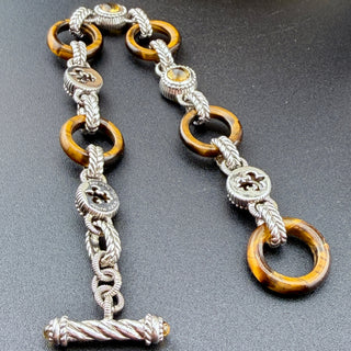 Judith Ripka Sterling Silver Tiger's Eye Citrine Toggle Bracelet 7 Inch Length Jewelry