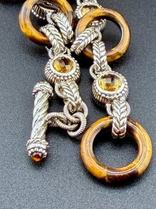 Judith Ripka Sterling Silver Tiger's Eye Citrine Toggle Bracelet 7 Inch Length Jewelry