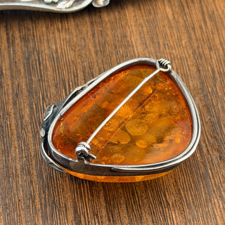 Vintage Baltic Amber Sterling Silver Leaf Brooch Pendant - 2.19"