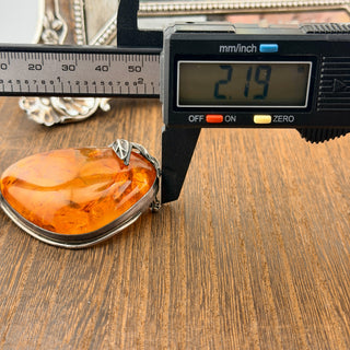 Vintage Baltic Amber Sterling Silver Leaf Brooch Pendant - 2.19"