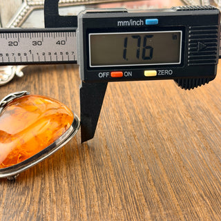 Vintage Baltic Amber Sterling Silver Leaf Brooch Pendant - 2.19"