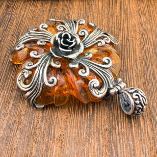Vintage Baltic Amber Sterling Silver Rose Brooch Pendant – Ornate Scrollwork 2.01” by Reserved Grace