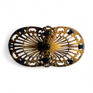 Vintage Blue Rhinestone Gilded Filigree Brooch by Reserved Grace