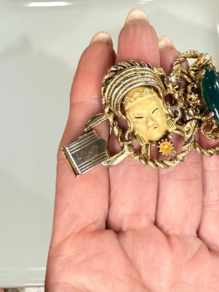 Mid Century Asian Princess Panel Bracelet with Gold Tone Rope Accents by Reserved Grace