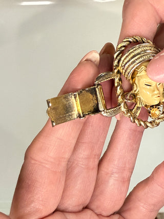 Mid Century Asian Princess Panel Bracelet with Gold Tone Rope Accents by Reserved Grace