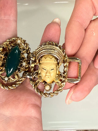 Mid Century Asian Princess Panel Bracelet with Gold Tone Rope Accents by Reserved Grace