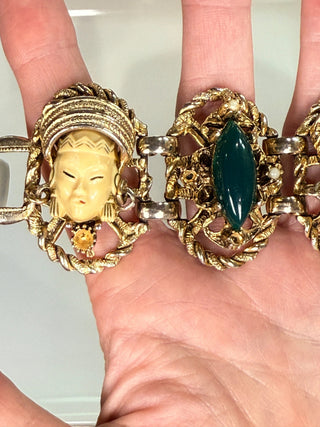 Mid Century Asian Princess Panel Bracelet with Gold Tone Rope Accents by Reserved Grace